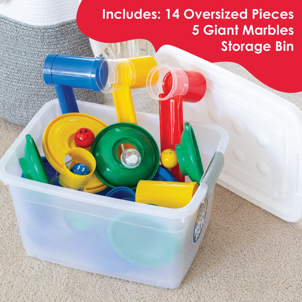 MindWare Junior Marble Run storage tub keeps parts organized after play.