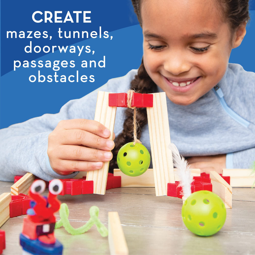 MindWare KEVA Maker Bot Maze bumper balls create interactive play boundaries.