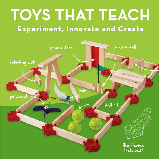 MindWare KEVA Maker Bot Maze connectors enable customizable maze layouts.