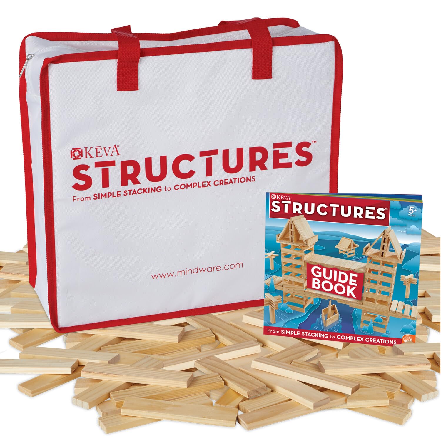 MindWare KEVA Structures 400 planks show sturdy pine blocks for open-ended construction.