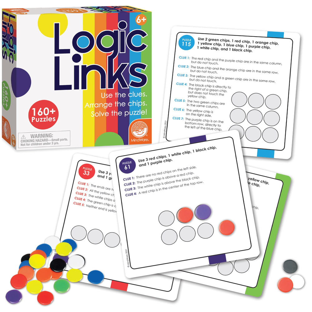 MindWare Logic Links puzzle box front, engaging for kids and adults.