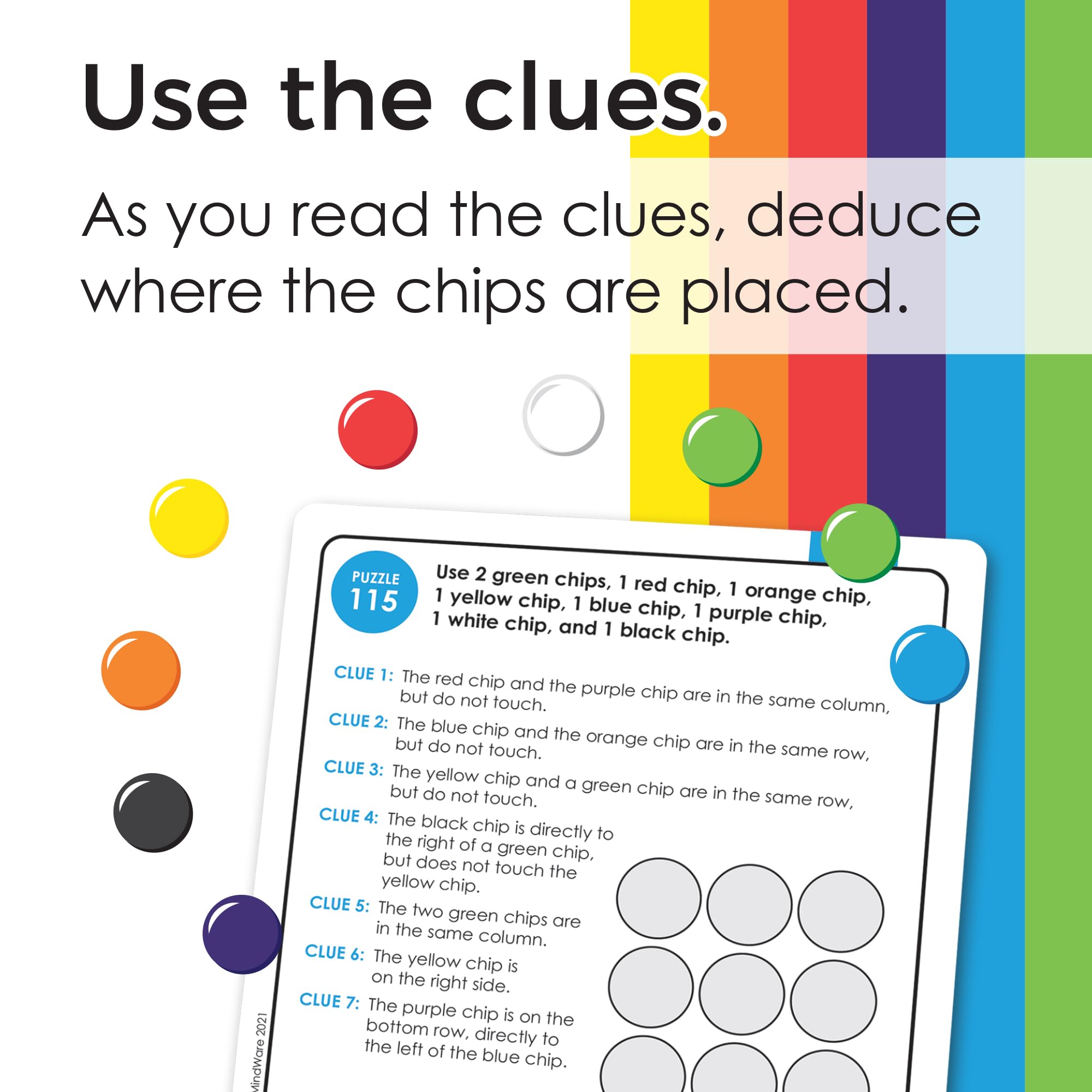 MindWare Logic Links puzzle grid with colored chips in play.