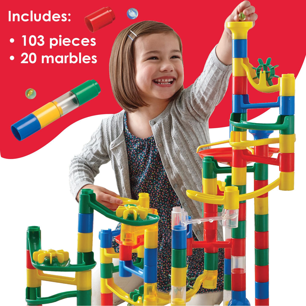 MindWare marble run track varied paths showcases twisting routes to spark problem-solving imagination