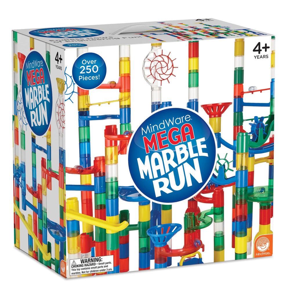 MindWare Mega Marble Run rail-frames sturdy pieces for durable play.