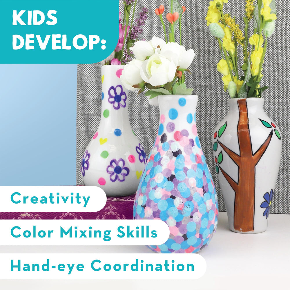 MindWare Paint Your Own Vases finished vases displayed as stylish home decor
