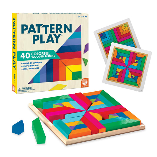 MindWare Pattern Play wood blocks in vibrant colors ready for hands-on learning.