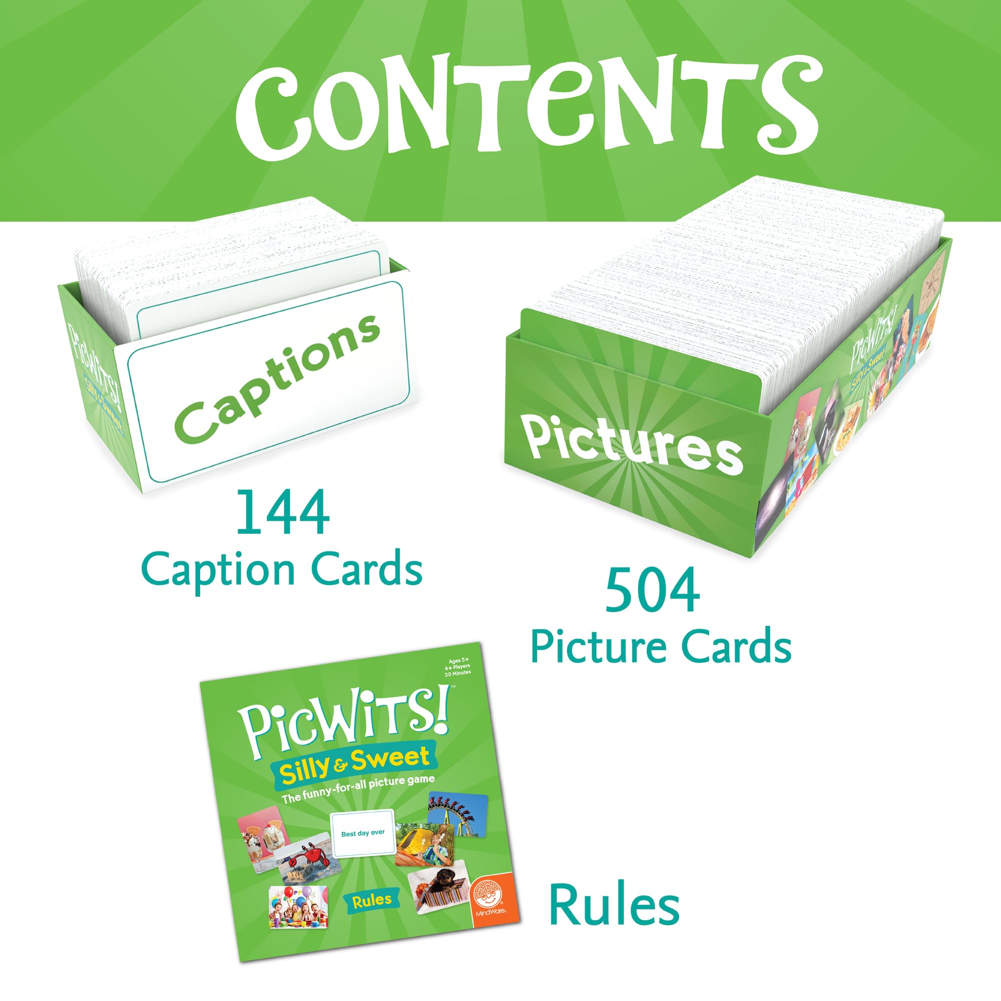 MindWare PicWits 504 photo cards and 144 caption cards fuel rounds.
