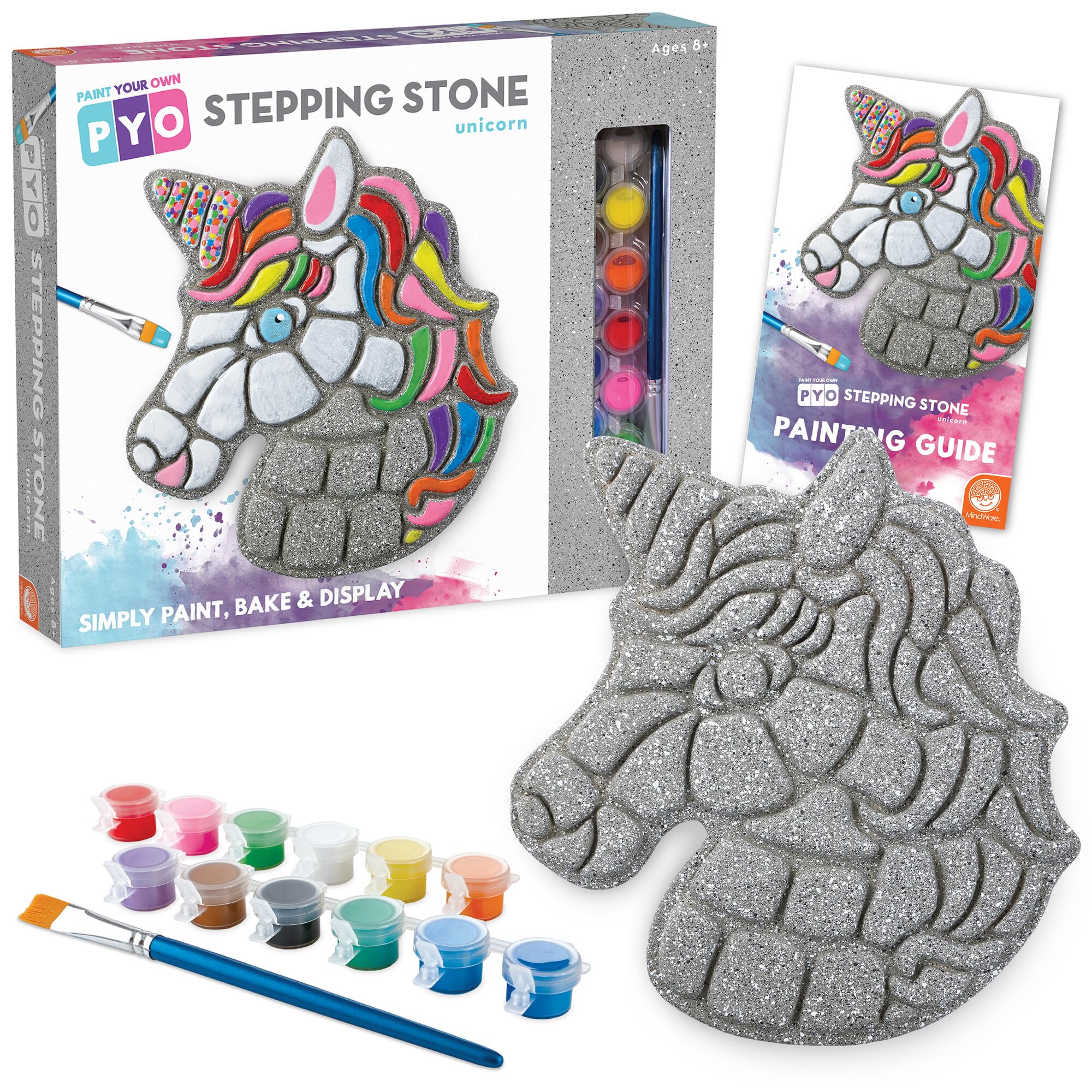 MindWare Paint Your Own Stepping Stone Unicorn in garden for outdoor decorative path.