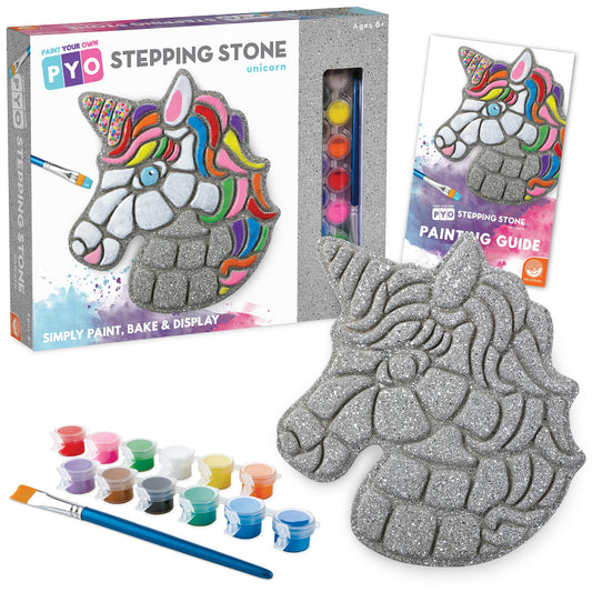 MindWare Paint Your Own Stepping Stone Unicorn in garden for outdoor decorative path.