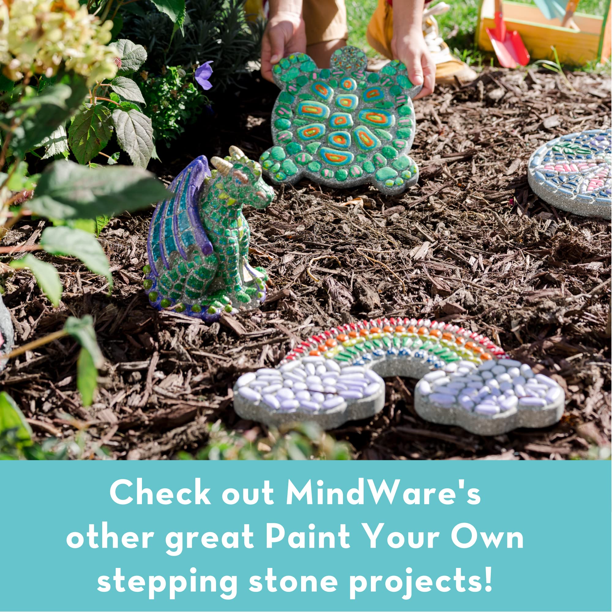 MindWare Paint Your Own Stepping Stone Unicorn ready for display in a backyard.