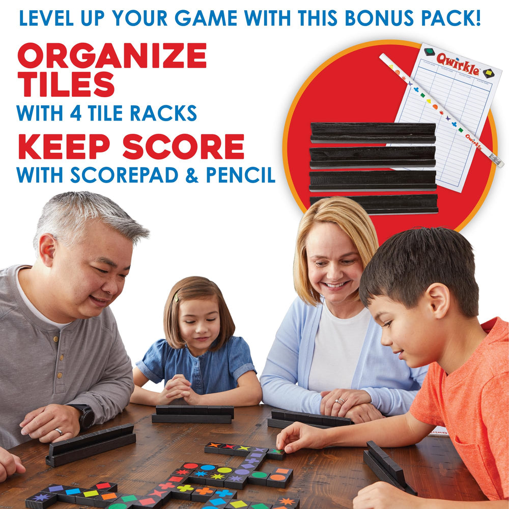 MindWare Qwirkle Bonus Pack scoring pad helps track points neatly.