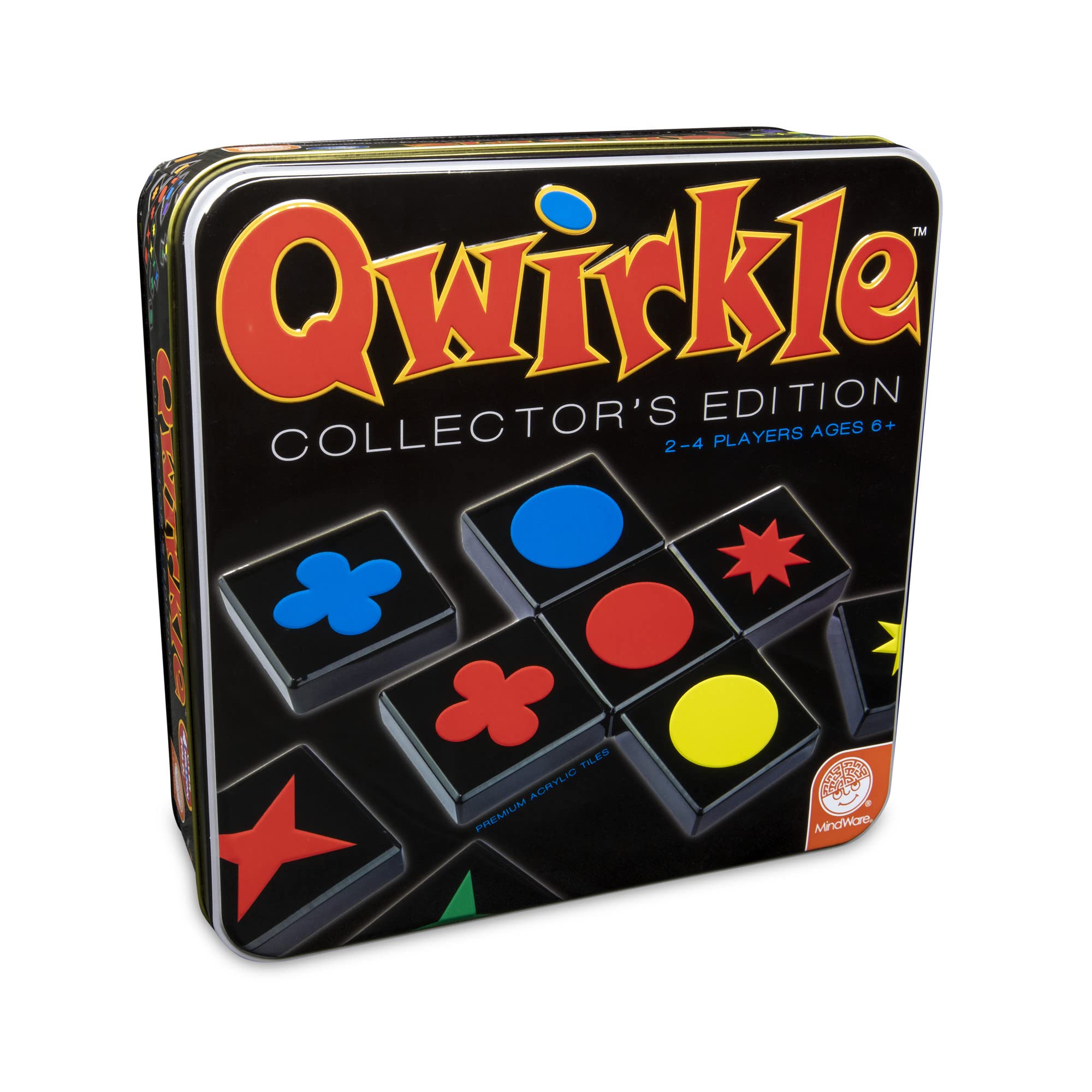 MindWare Qwirkle Collector's Edition tin pack with colorful tiles for family play.