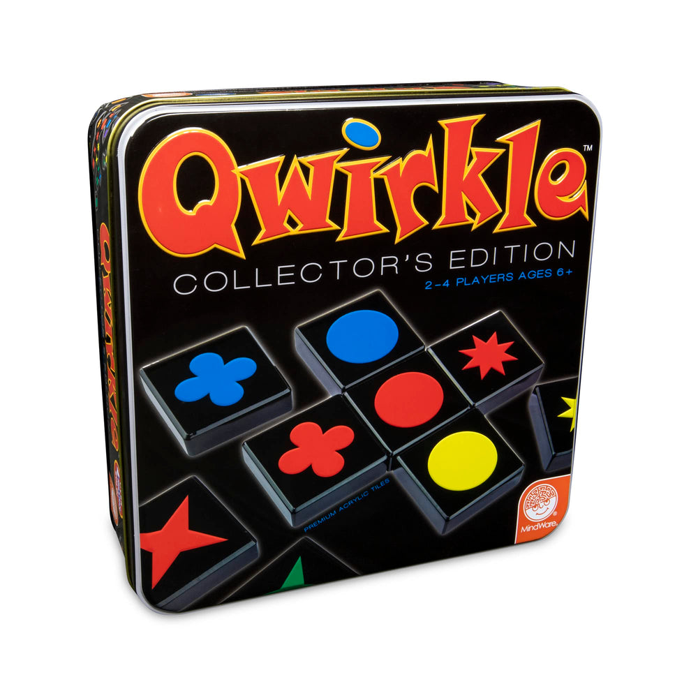 MindWare Qwirkle Collector's Edition tin pack with colorful tiles for family play.