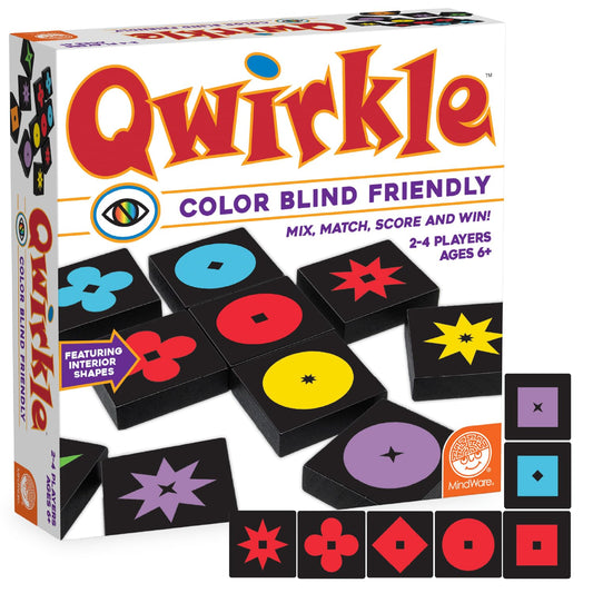 MindWare Qwirkle color-blind tiles showing inner shapes for easier color distinction