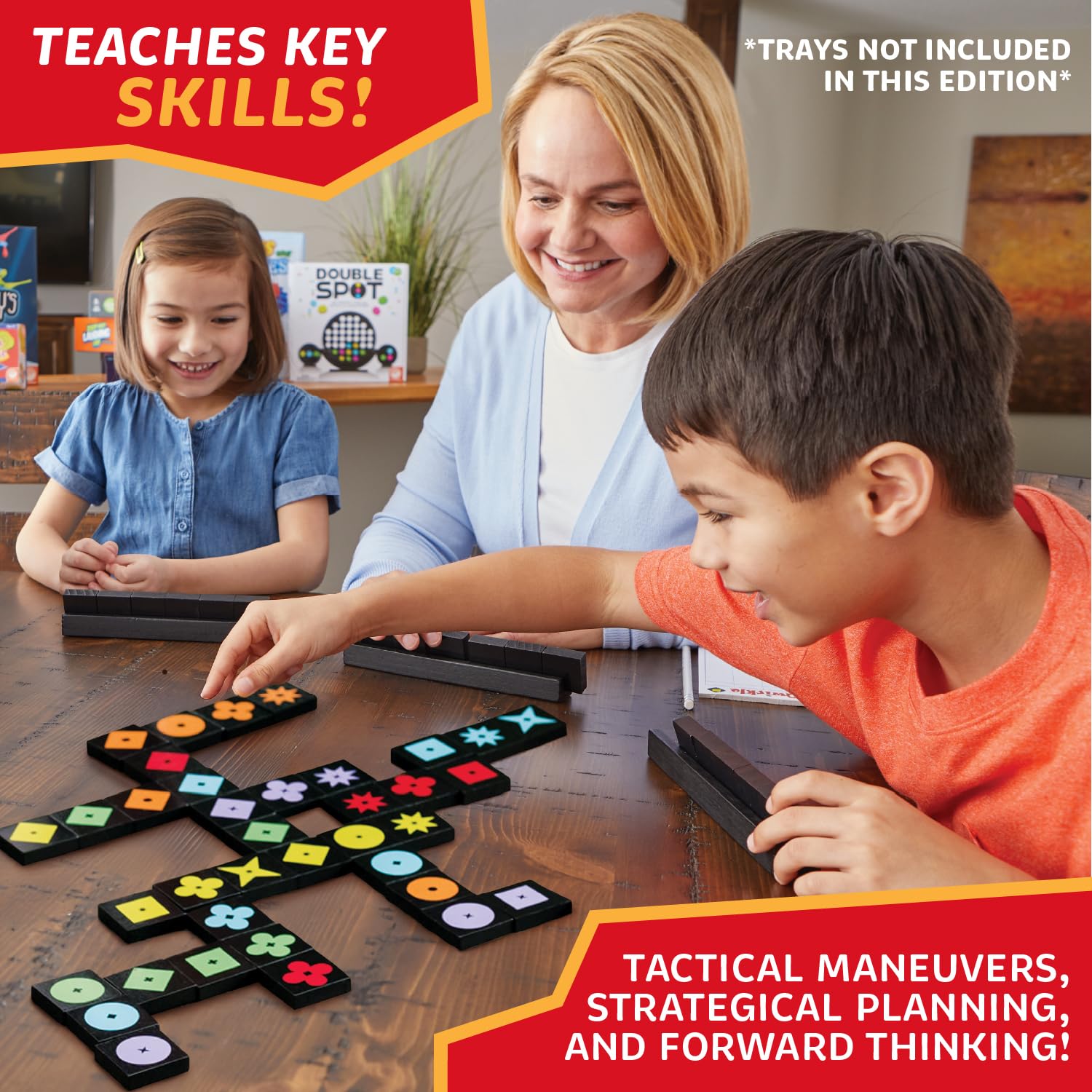 Family playing MindWare Qwirkle color-blind edition together
