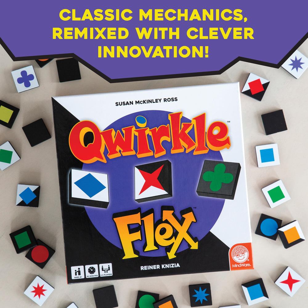 MindWare Qwirkle Flex play area shows vibrant tiles for quick, clever moves.