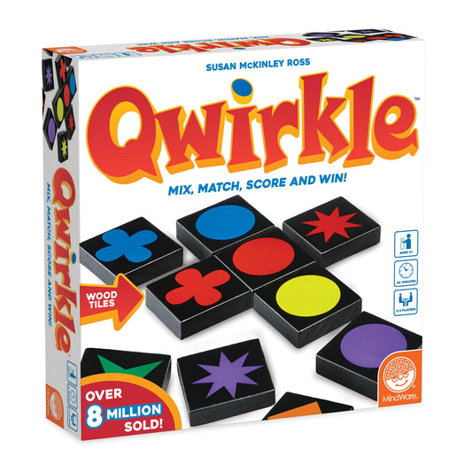 MindWare Qwirkle tiles close-up showing color and shape variety for family play.