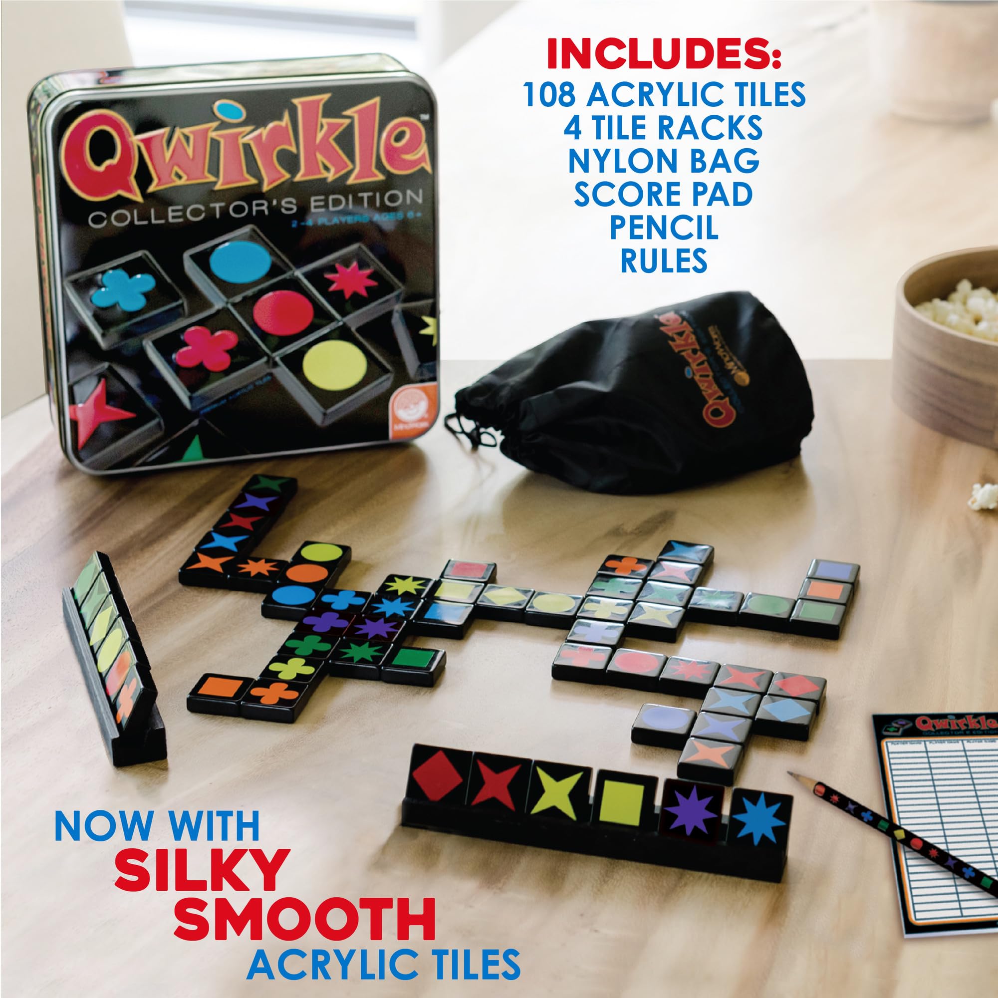 MindWare Qwirkle wooden racks organize tiles for quick setup.