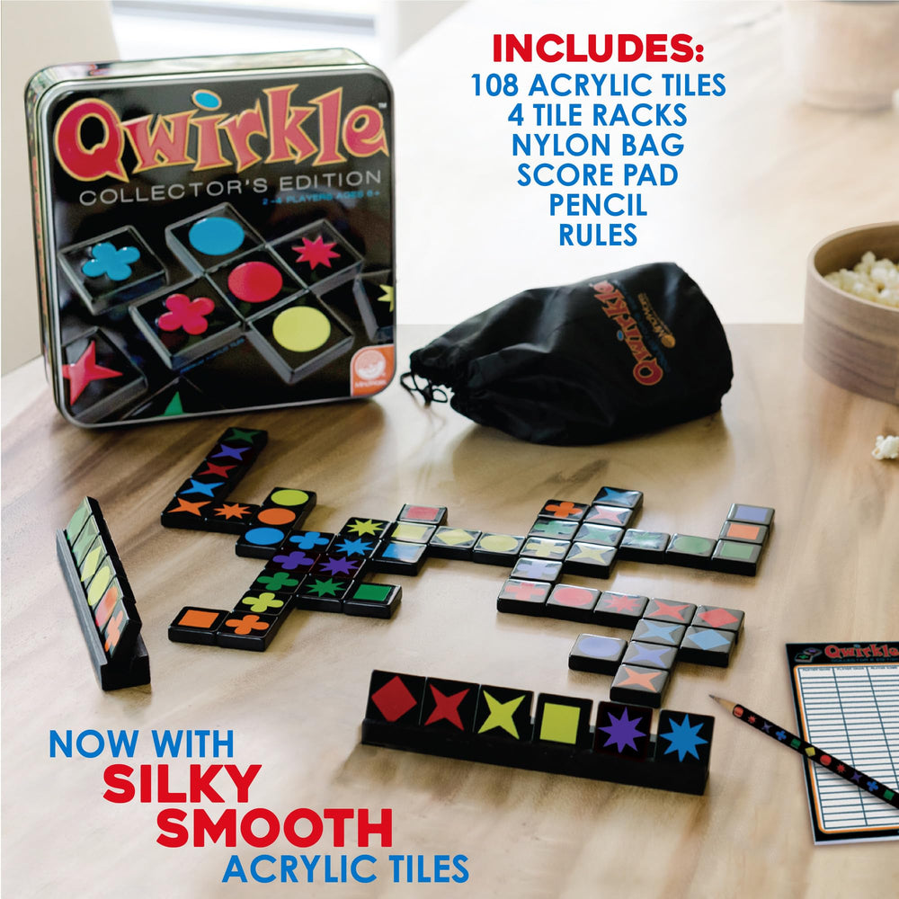 MindWare Qwirkle wooden racks organize tiles for quick setup.