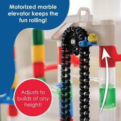 MindWare rolling storage bin keeps marble run pieces organized and portable.