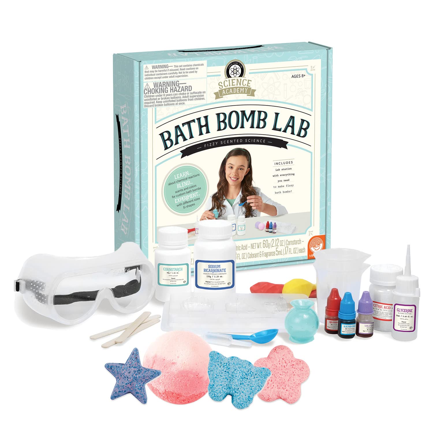 MindWare Science Academy Bath Bomb Lab Kit color-mixing setup demonstrates vibrant experiments.