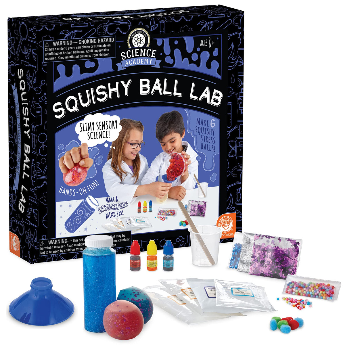 MindWare Science Academy Squishy Ball Lab kit with colorful components for hands-on learning.