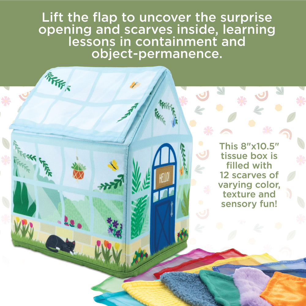 MindWare Sensory Sprouts scarves being pulled from a box showcase interactive play.