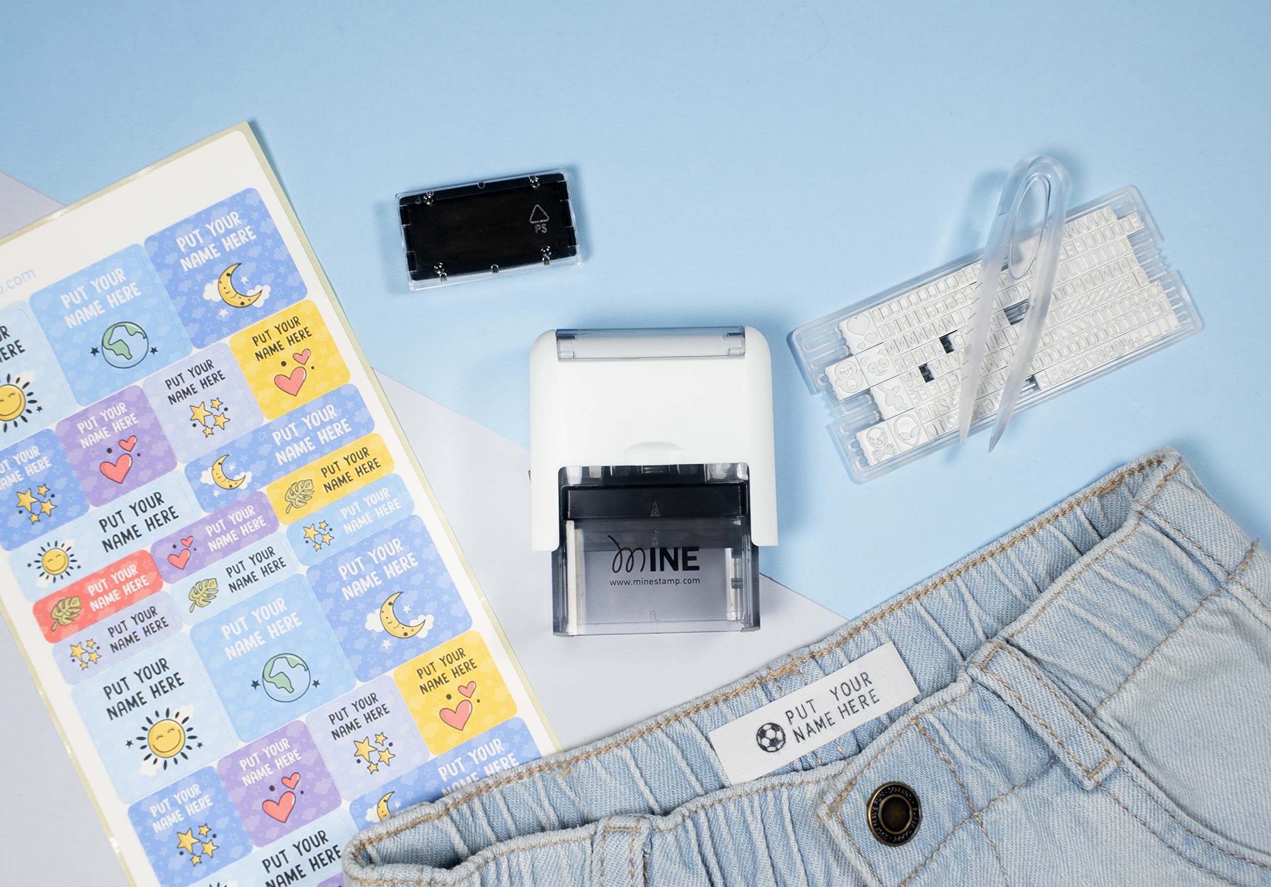 The MINE Stamp Compact alphabet set includes letters, numbers, and punctuation.