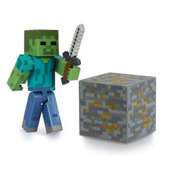 Minecraft Core Zombie 3-inch figure with iron ore block and sword for imaginative play.