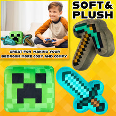 Minecraft plush cuddler shown in kid's bed, perfect night-time companion