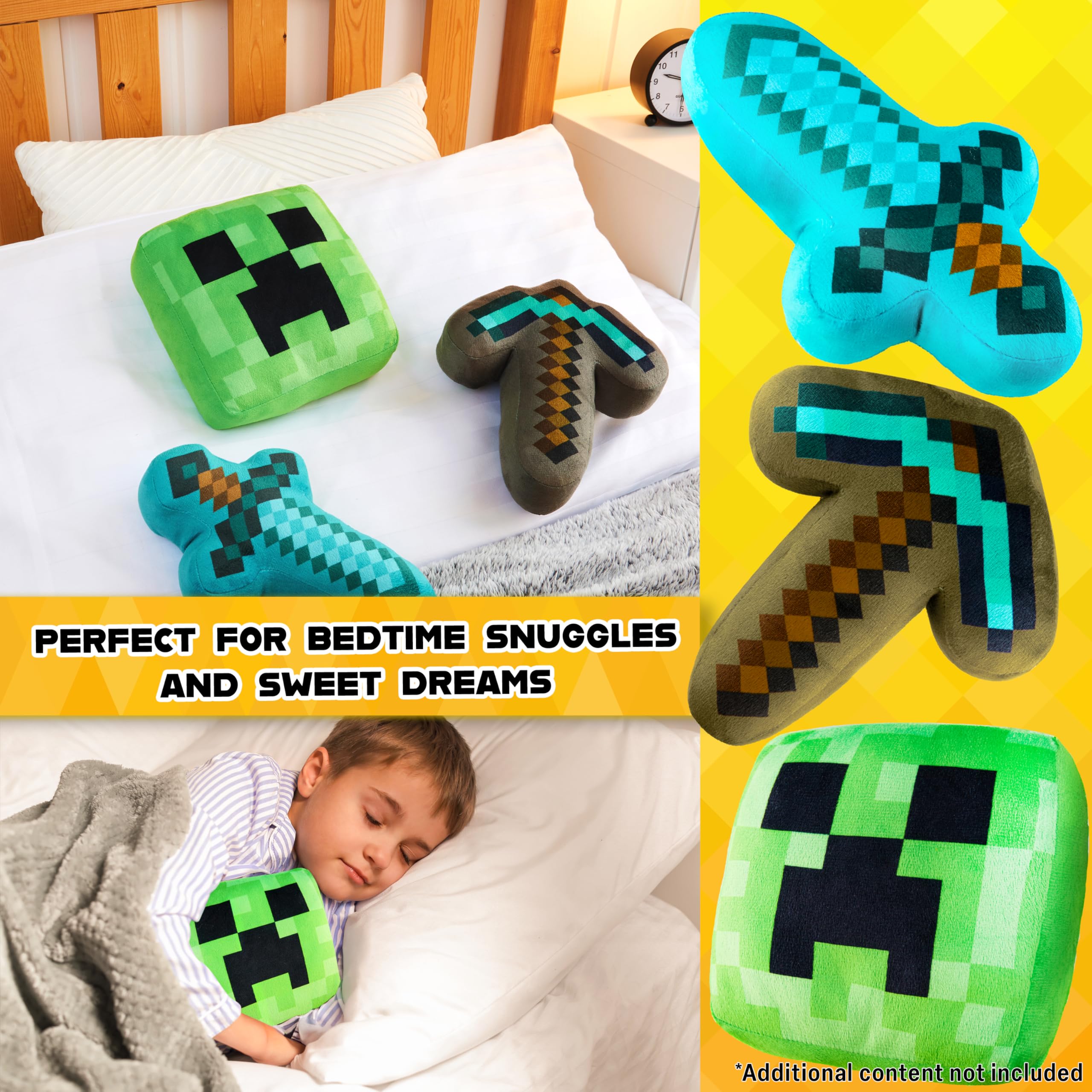 Minecraft plush collection on a shelf adds playful room decor