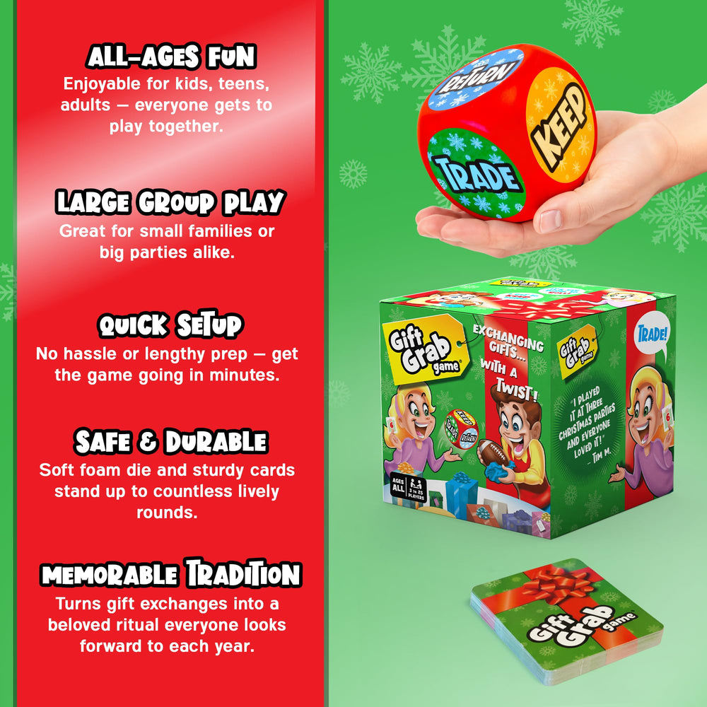 Holiday party scene featuring Gift Grab Game setup and players.