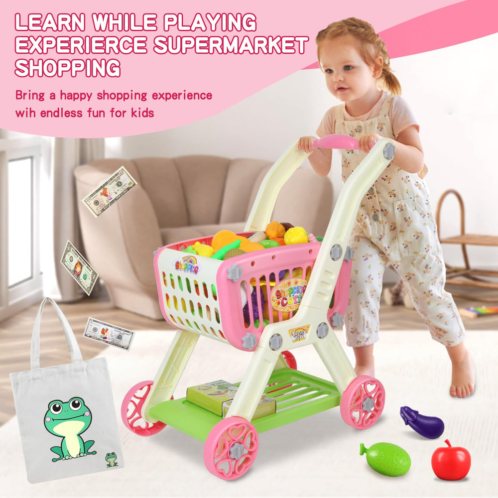 Ming You cart with bag and durable wheels supports organized, engaging pretend shopping.