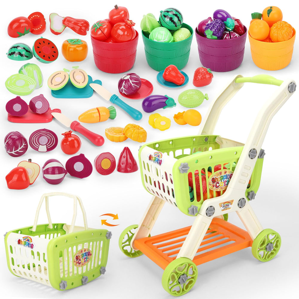 Ming You kids shopping cart with cutting play food set for imaginative learning.