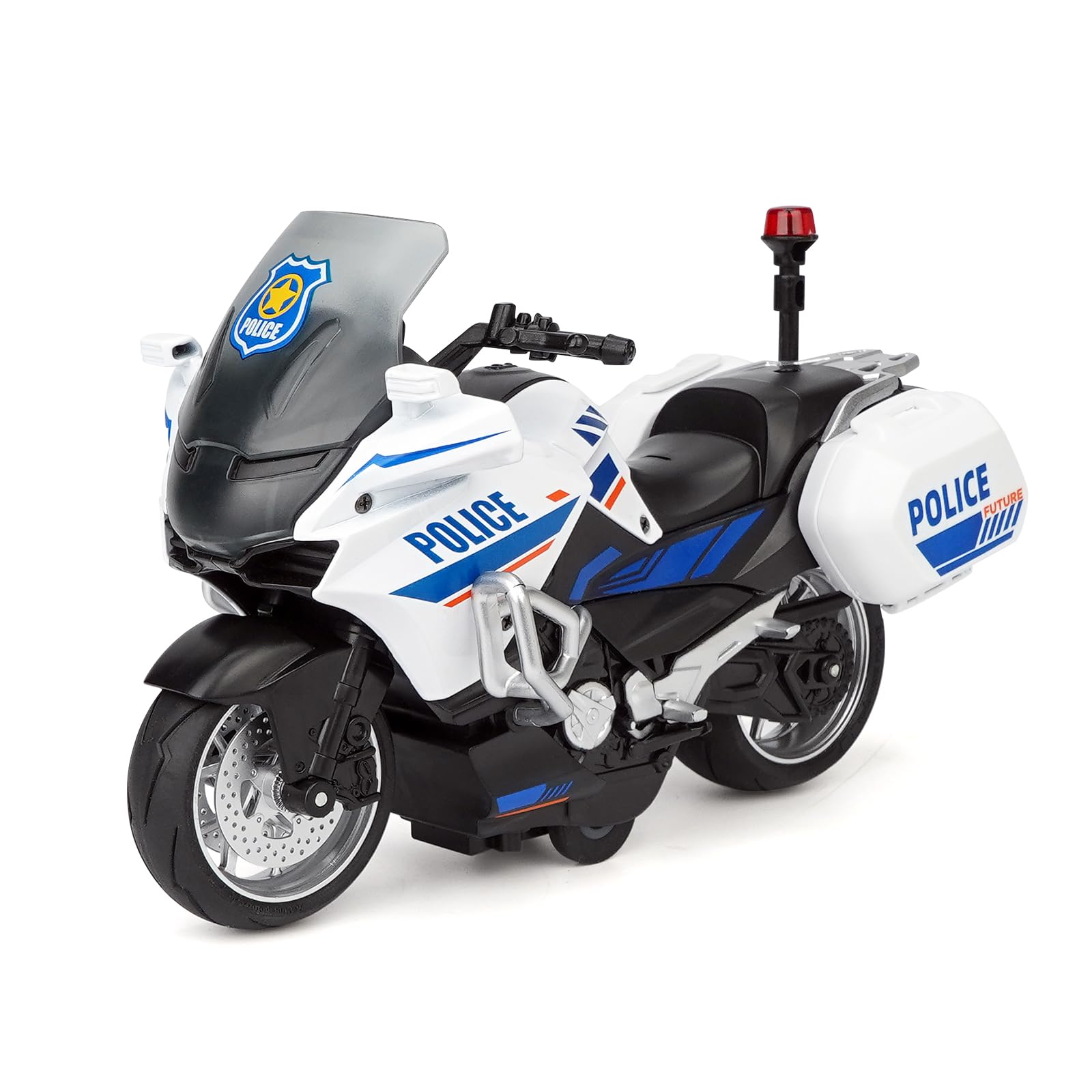Ming You toy motorcycle, bright white front view, ideal grip for tiny hands during pretend rides.