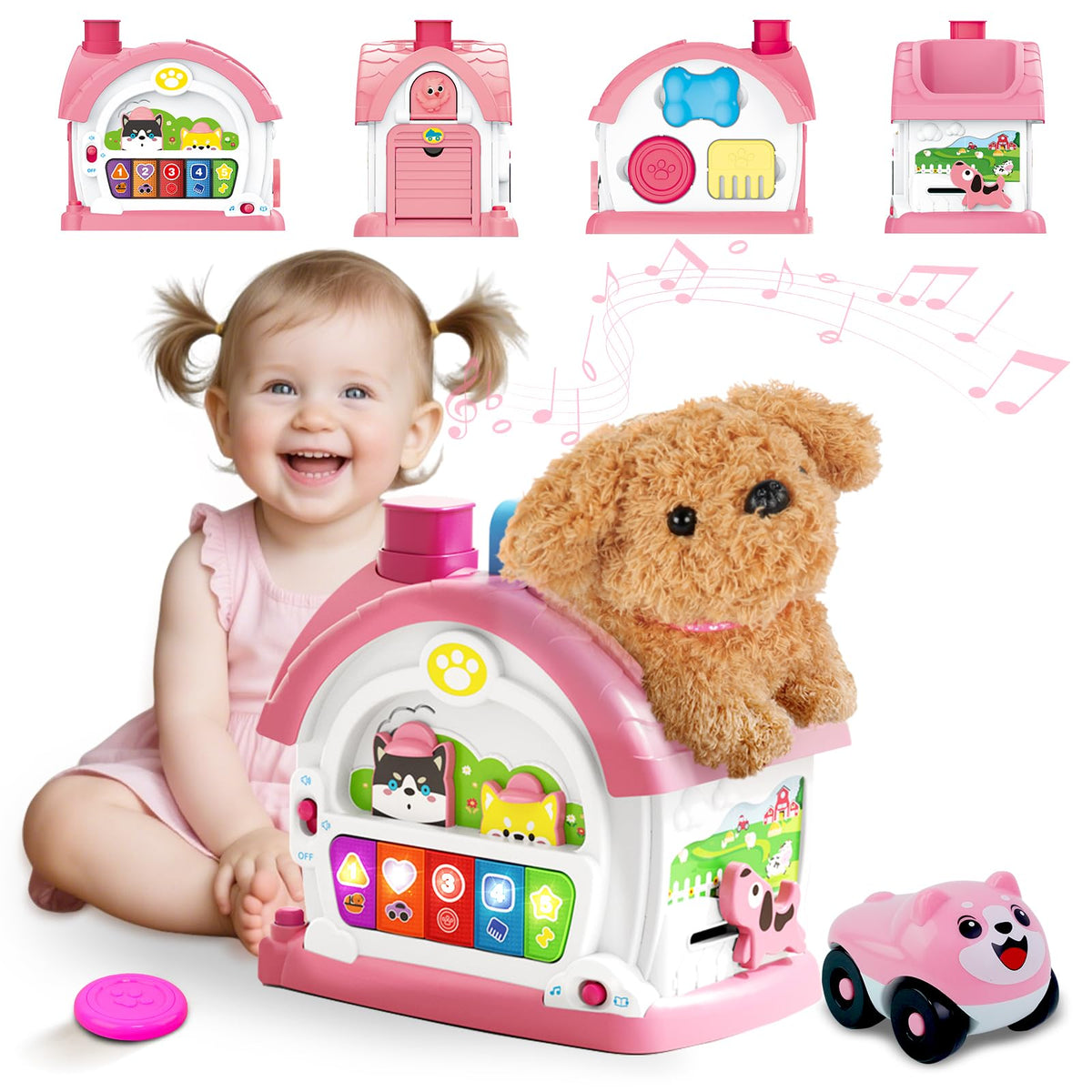 Ming You Montessori toy house with plush puppy for sensory and imaginative play.