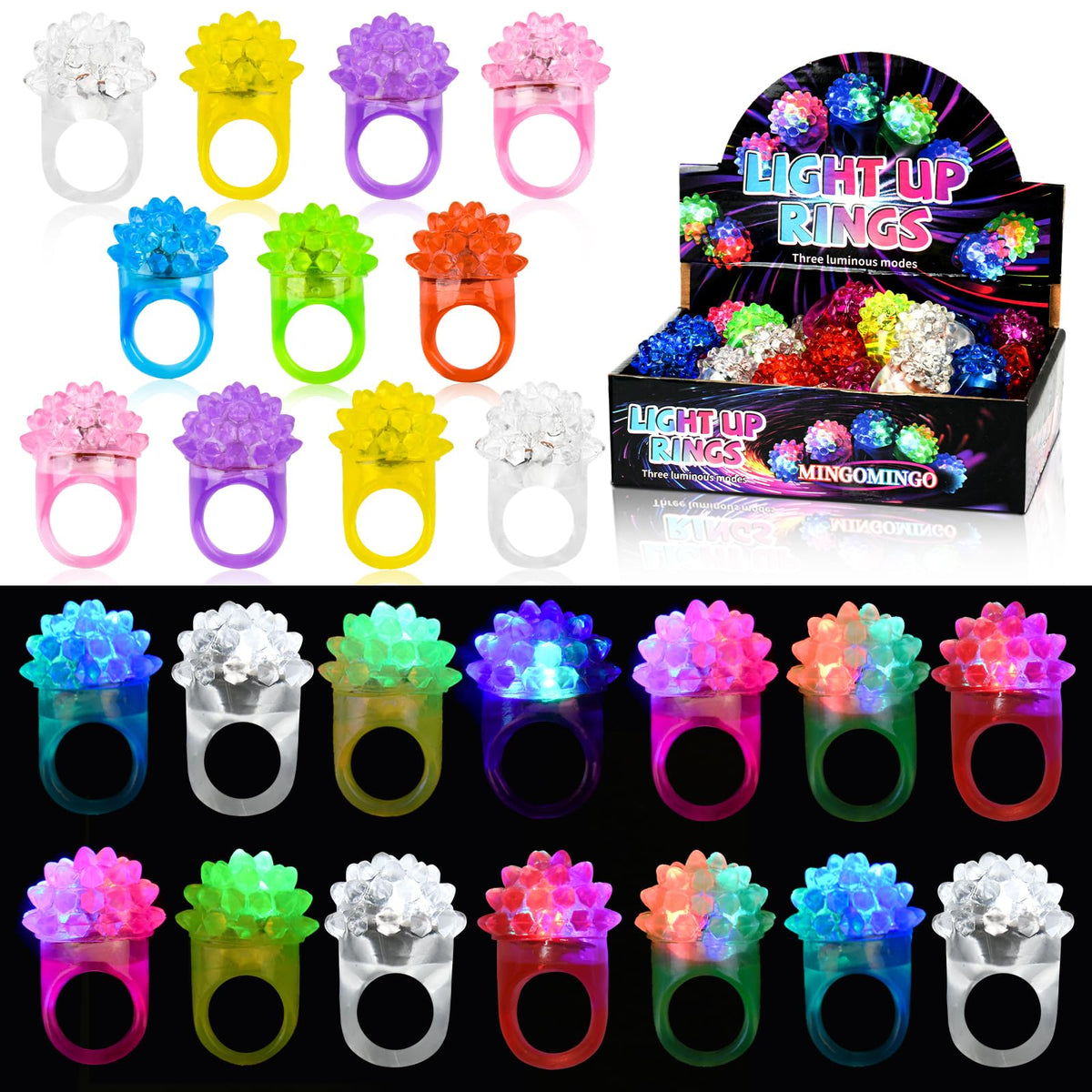 MINGOMINGO LED rings bulk pack in seven colors for parties and rewards