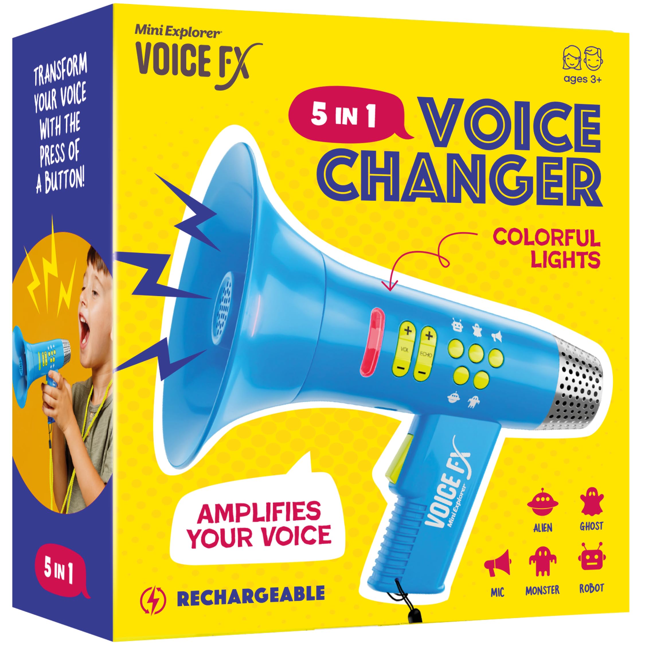 Mini Explorer voice changer in Alien mode with bright lights for imaginative play.