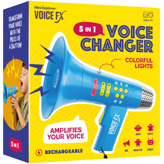 Mini Explorer voice changer in Alien mode with bright lights for imaginative play.