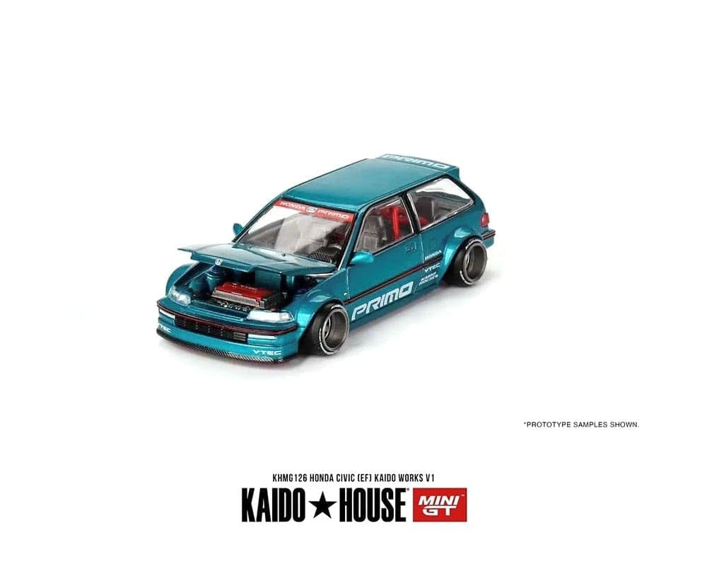 Mini GT Models Kaido Works V1 Tahitian Green open hood reveals engine-inspired detailing.