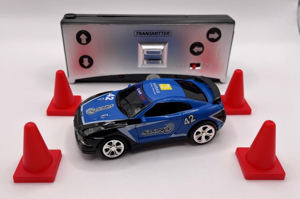 Mini RC blue Coke Can side view highlights portable size for quick setups