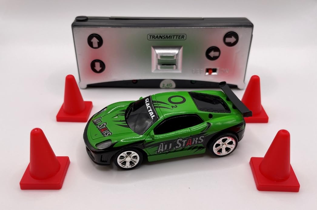 Mini RC 1:58 scale green car, side view, compact design for portable racing anywhere.