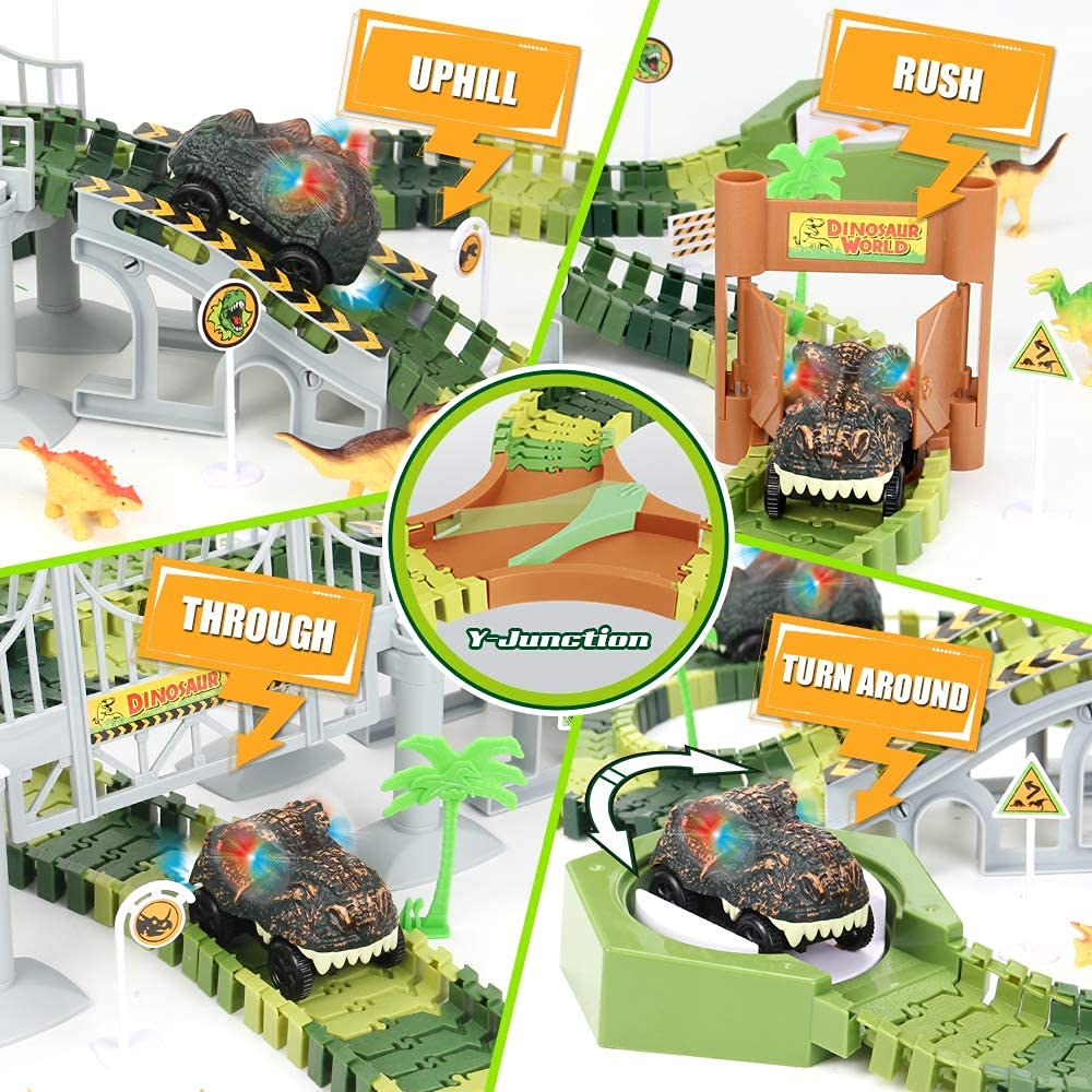 Mini Tudou dinosaur cars with lights enhance exciting race play.