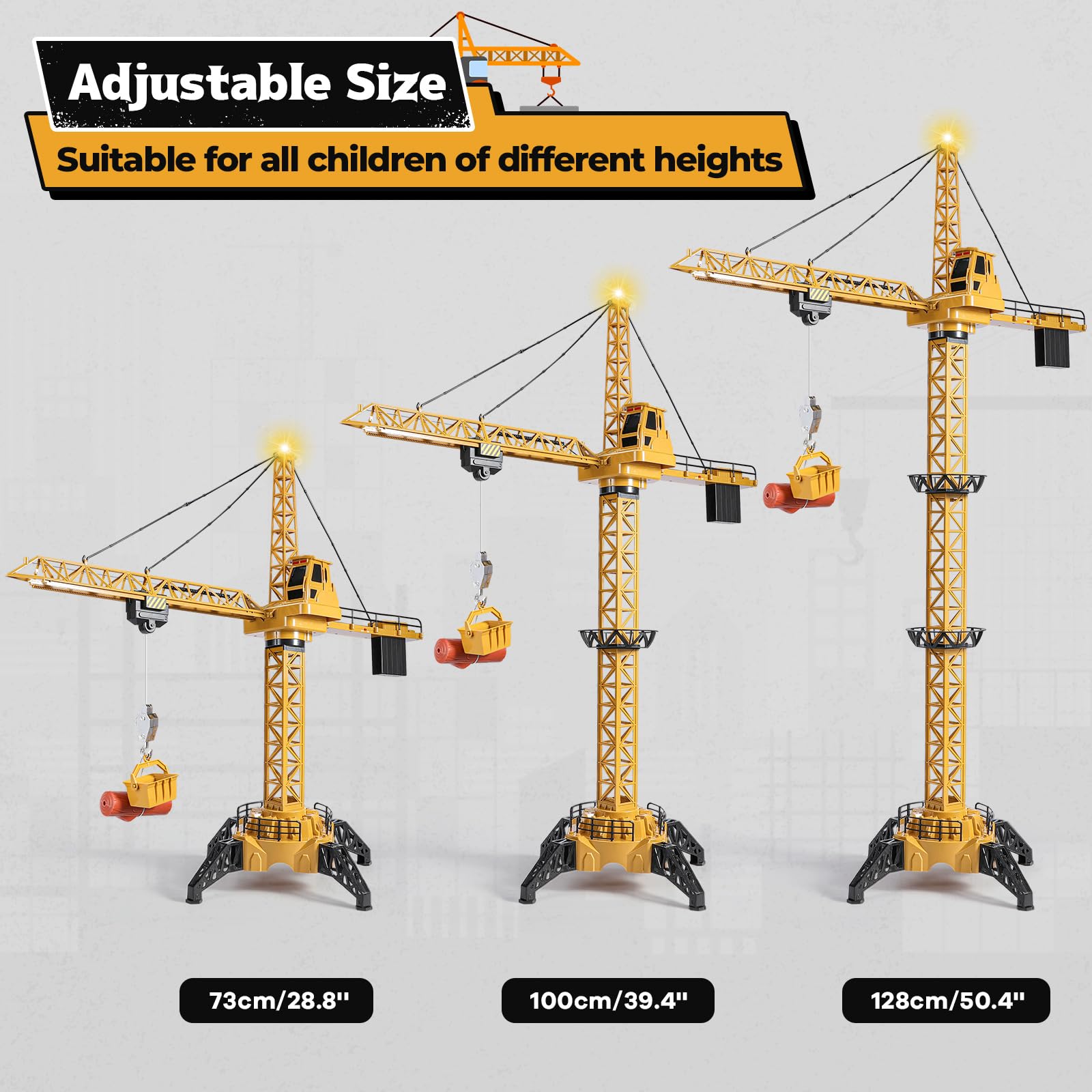 Mini Tudou RC Crane lights and sounds create a realistic construction play scene.