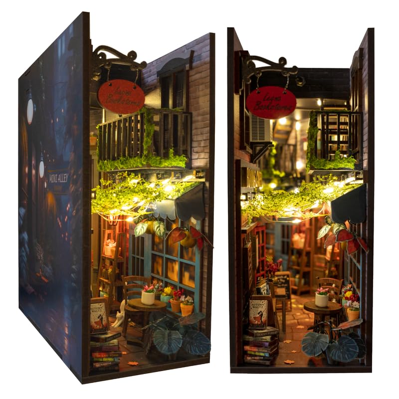 MINIALLEY Dreamy book nook kit front view with cozy LED lighting for shelf ambience.