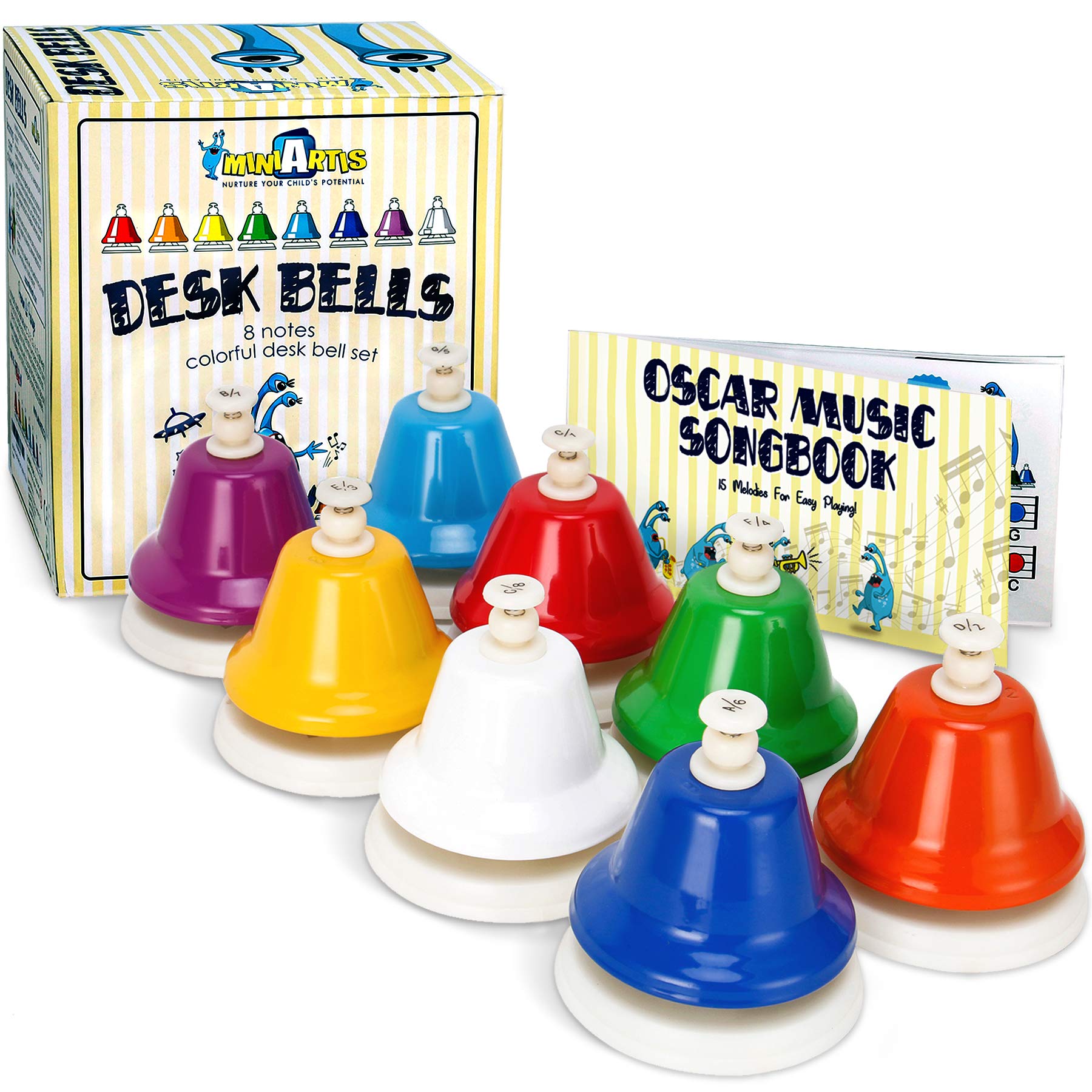 MINIARTIS desk bells with 8 notes delivering bright tones for early music learning.