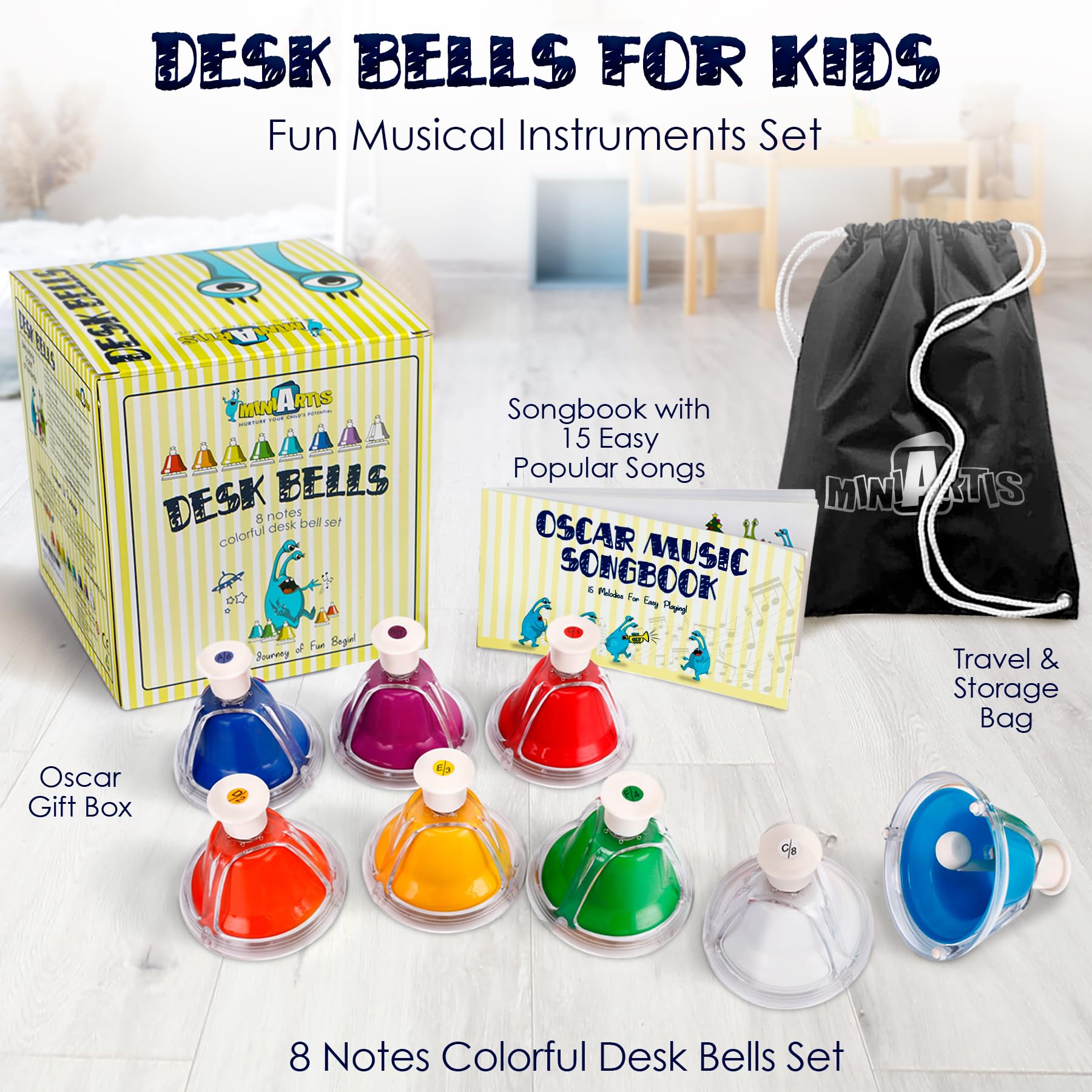 miniartis desk bells colors close-up highlighting color-coded notes and tones