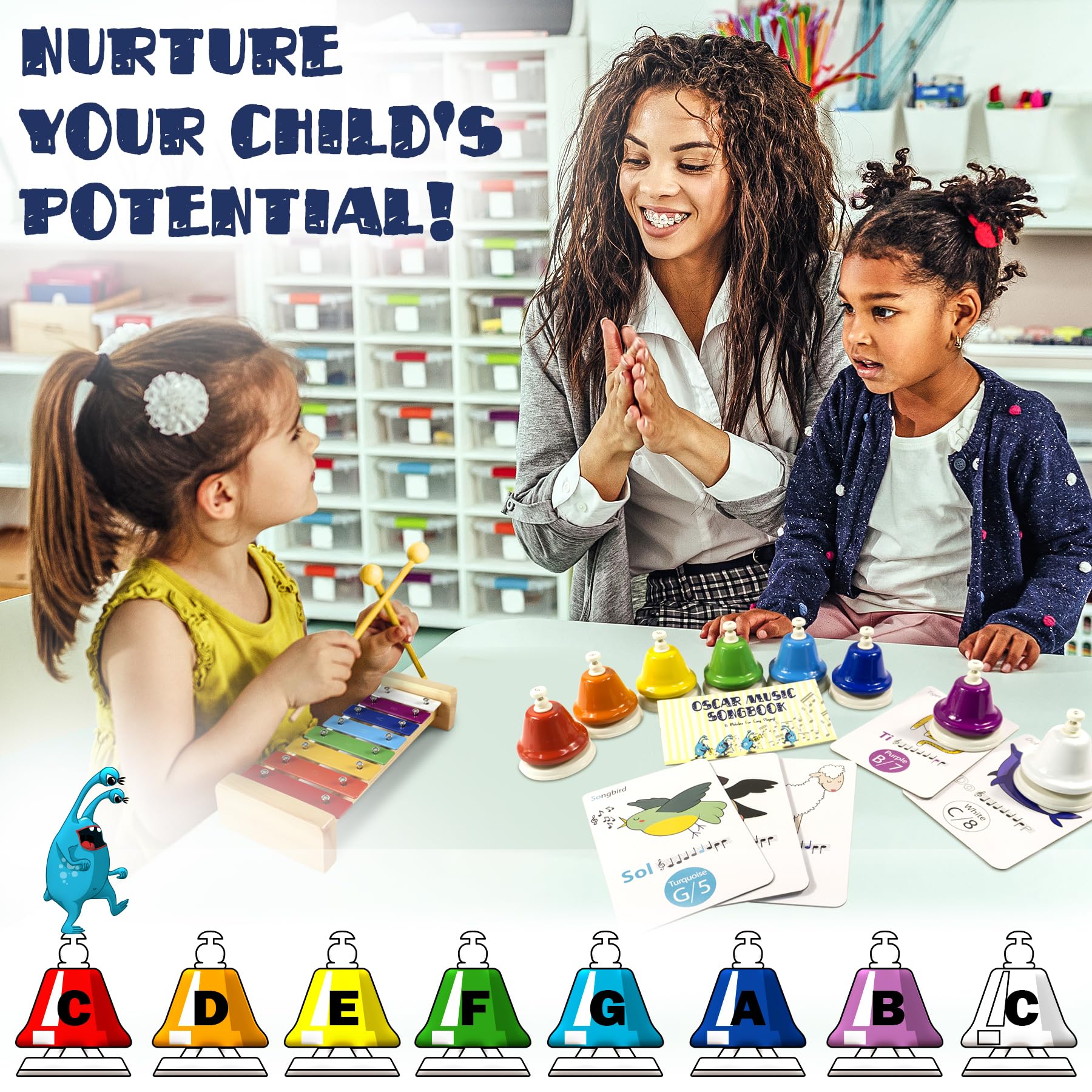 MINIARTIS Oscar character guides kids through simple tunes and color-coded notes.