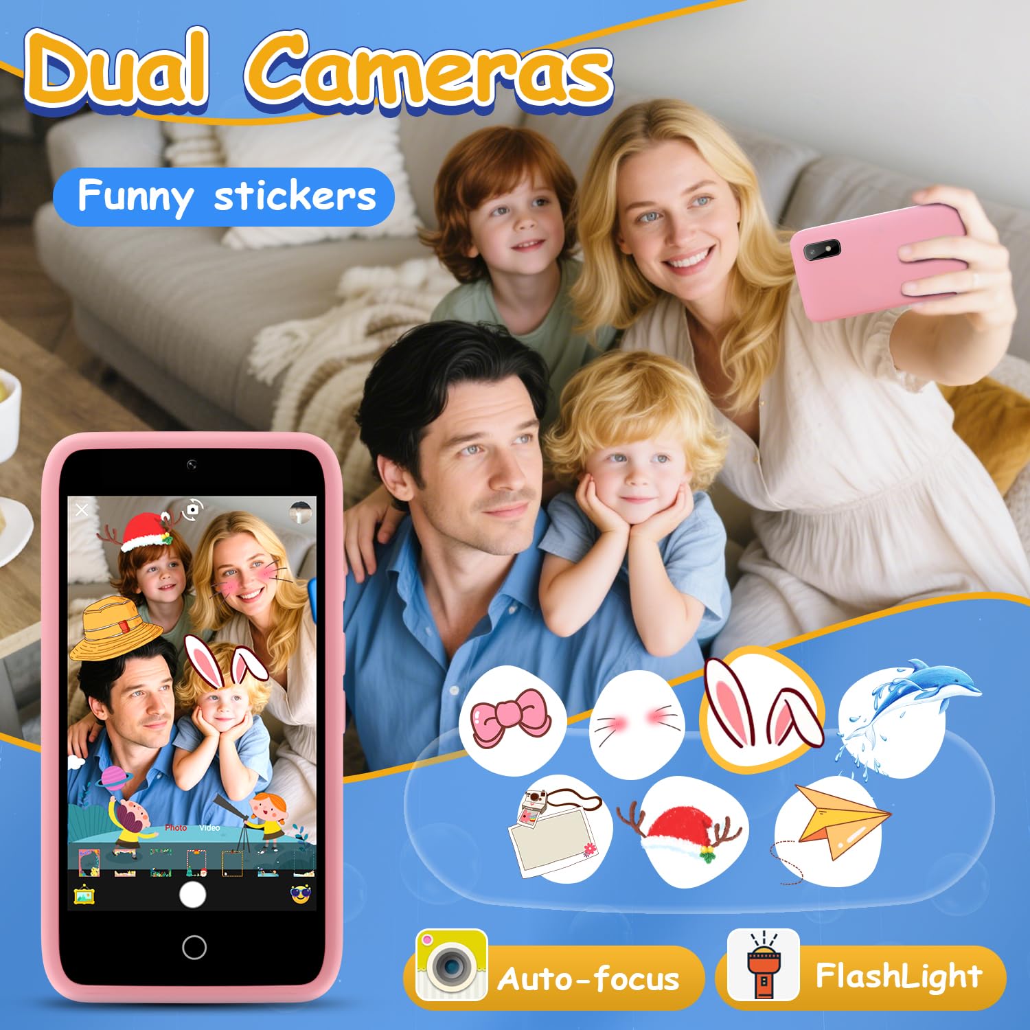MINIBEAR dual-camera toddler phone for selfies and videos.