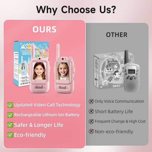 MINIBEAR two-pack pink walkie talkies enable easy sharing during outdoor games.